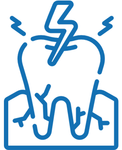 Blue line drawing of tooth with lightning bolts and roots in gum, symbolizing dental energy or power.