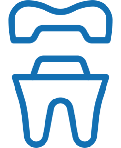 Blue line drawing of tooth crown and root dental implant icon