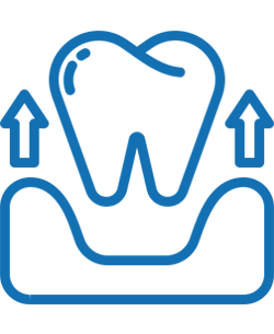 Blue dental icon showing tooth with upward arrows and gum outline, representing tooth lifting or elevation treatment.