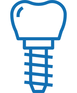 Blue line icon of a dental implant with crown and screw post.